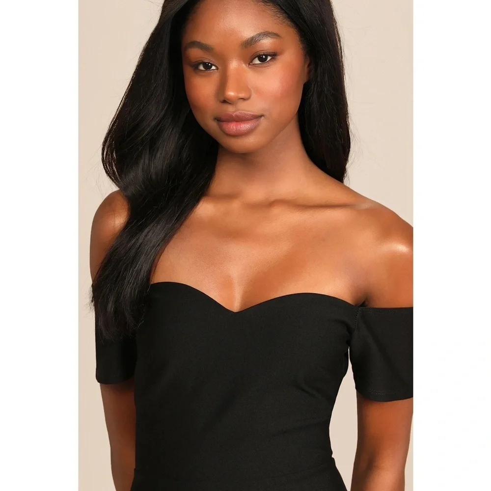 NWOT Lulu’s How Much I Care Black Off-the-Shoulder Midi Dress Medium Bodycon